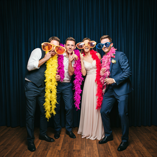 joyful wedding guests wearing funny oversized sunglasses and feather boas posing in front of a photobooth