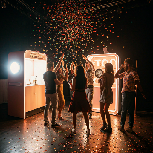 high energy party atmosphere with confetti falling and people dancing near a stylish photobooth station